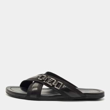 Pre Owned Louis Vuitton Black Canvas and Leather Crisscross Flat Slides Size 45