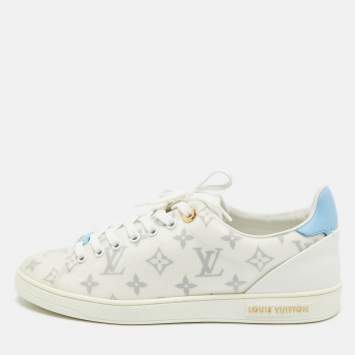 Pre Owned Louis Vuitton Blue/White Leather and Mesh Frontrow Lace  Up Sneakers Size 41