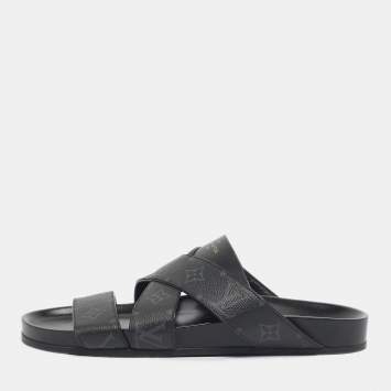 Pre Owned Louis Vuitton Black Monogram Canvas and Leather Mirabeau Flat Slides Size 42