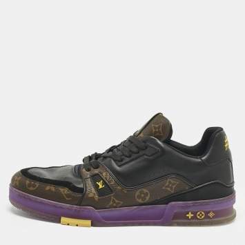 Pre Owned Louis Vuitton Black Leather and Monogram Canvas LV Trainer Sneakers Size 45