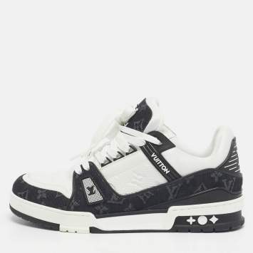 Pre Owned Louis Vuitton White/Black Denim and Leather LV Trainer Maxi Lace Up Sneakers Size 42.5