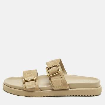 Pre Owned Louis Vuitton Beige Monogram Suede Bom Dia Flat Slide Sandals Size 45