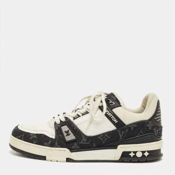 Pre Owned Louis Vuitton White/Black Denim and Leather LV Trainer Maxi Lace Up Sneakers Size 42