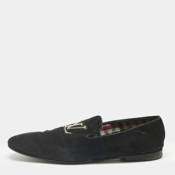 Pre Owned Louis Vuitton Black Suede  LV Logo Embroidered Smoking Slippers Size 46