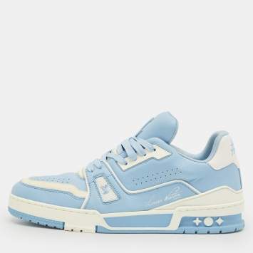 Pre Owned Louis Vuitton Blue/White Leather LV Trainer Low Top Sneakers Size 41.5