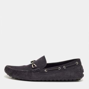 Pre Owned Louis Vuitton Navy Blue Suede Bow Slip On Loafers Size 42