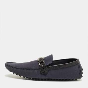 Pre Owned Louis Vuitton Navy Blue Fabric and Leather Hockenheim Loafers Size 44