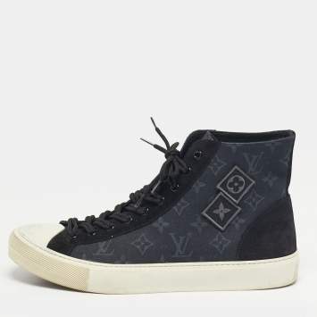 Pre Owned Louis Vuitton Tattoo Size 43 Navy Blue Monogram Canvas and Suede High Top Sneakers