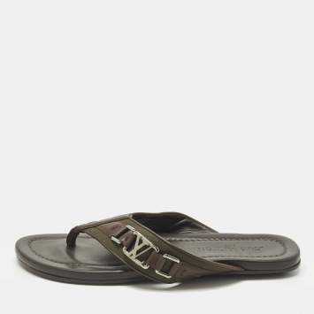 مملوكة مسبقًا Louis Vuitton Hamptons Size 43.5 Dark Brown/Olive Leather and Canvas Thong Sandals