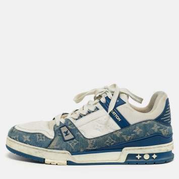 Pre Owned Louis Vuitton LV Trainer Size 46 White Denim and Leather Lace Up Sneakers