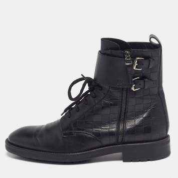 Pre Owned Louis Vuitton Voltaire Size 42.5 Black Damier Leather Combat Boots