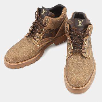 Pre Owned Louis Vuitton Oberkampf Line Encreboots Brown/Gold Leather Rhinestone Size 10