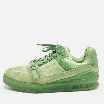 Pre Owned Louis Vuitton LV Trainer Size 40 Green Monogram Canvas and Suede Lace Up Sneakers