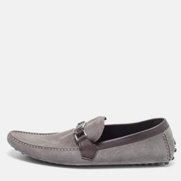 Pre Owned Louis Vuitton Hockenheim Size 46 Grey/Brown Leather and Suede Driver Loafers