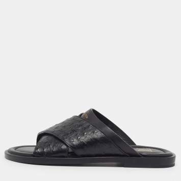مملوكة مسبقًا Louis Vuitton Foch Size 40 Black Ostrich Leather Criss Cross  Flat Slide