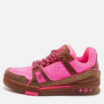 Pre Owned Louis Vuitton LV Trainer Size 38 Brown/Pink Leather and Suede Low Top Sneakers