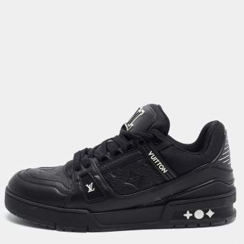 Pre Owned Louis Vuitton LV Trainer Size 41.5 Black Monogram Fabric and Leather Lace Up Sneakers