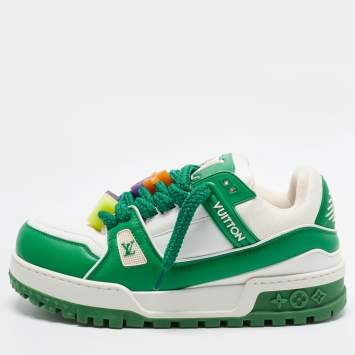 Pre Owned Louis Vuitton LV Trainer Maxi Size 42.5 Green/White Fabric and Leather Lace Up Sneakers