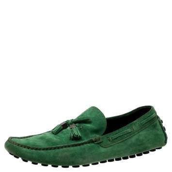 Pre Owned Louis Vuitton Green Suede Imola Tassel Loafers Size 44