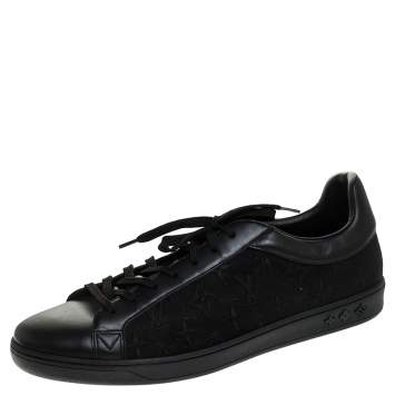 Pre Owned Louis Vuitton Black Leather and Monogram Canvas Low Top Sneakers Size 45
