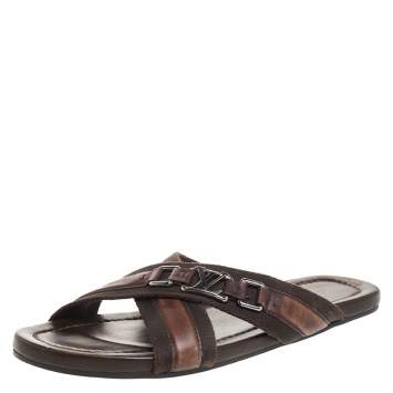 Pre Owned Louis Vuitton Brown Leather and Fabric Criss-Cross Sandals Size 41