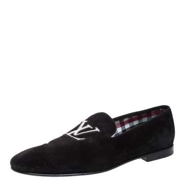 Pre Owned Louis Vuitton Black Suede LV Logo Embroidered Smoking Slippers  Size 43