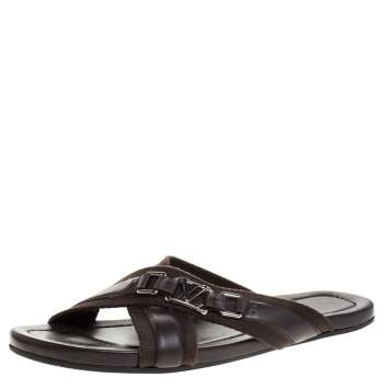 Pre Owned Louis Vuitton Brown Fabric And Leather Criss-Cross Flat Sandals Size 43.5