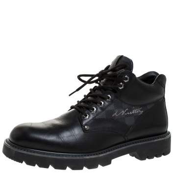 Pre Owned Louis Vuitton Black Leather And Damier Ebene Canvas Oberkampf High Top Boots Size 42