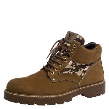 Pre Owned Louis Vuitton Brown Suede and Canvas Oberkampf Ankle Boots Size 43