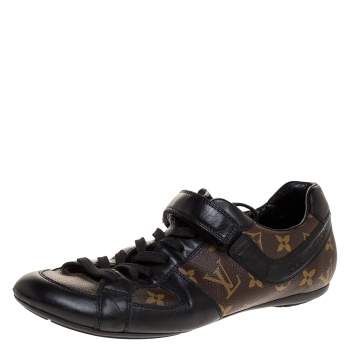 Pre Owned Louis Vuitton Brown/Black Leather And Monogram Canvas Globe Trotter Sneakers Size 40.5