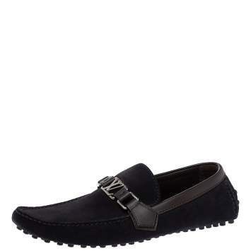 Pre Owned Louis Vuitton Blue/Brown Suede And Leather Hockenheim Slip On Loafers Size 41
