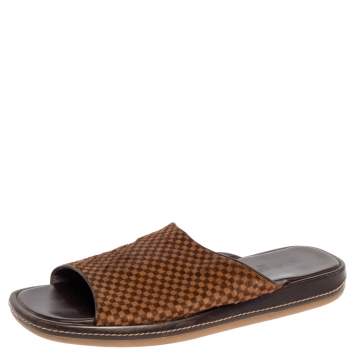Pre Owned Louis Vuitton Brown/Beige Damier Pony Hair Slide Sandals Size 44