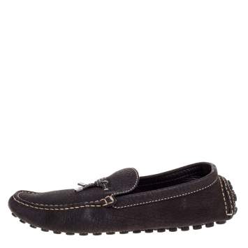 Pre Owned Louis Vuitton Dark Brown Textured Leather Bow Loafers Size 44.5