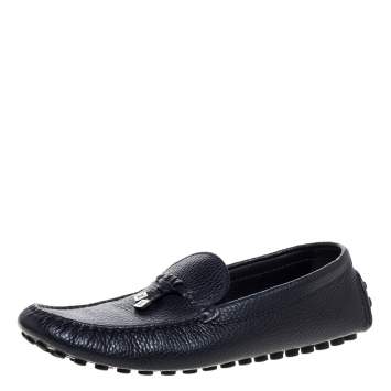 Pre Owned Louis Vuitton Blue Grained Leather Bow Loafers Size 43