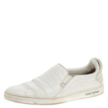 Pre Owned Louis Vuitton White Croc Embossed Leather Slip on Sneakers Size 43.5