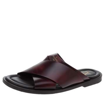 Pre Owned Louis Vuitton Ombre Burgundy Leather Foch Cross Strap Flat Slides Size 41.5