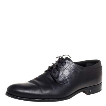 Pre Owned Louis Vuitton Black Leather Damier Embossed Lace Up Derby Oxford Shoes Size 42