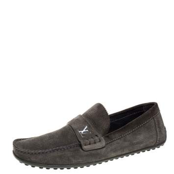 Pre Owned Louis Vuitton Olive Green Suede Slip On Loafers Size 41.5