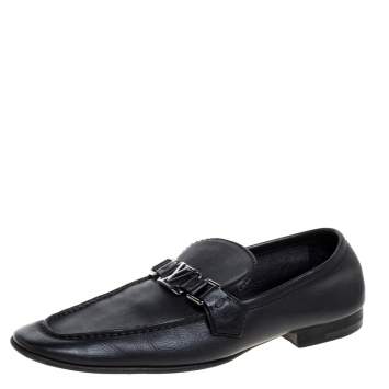 Pre Owned Louis Vuitton Black Leather Logo Slip On Loafers Size 41