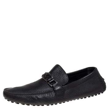 Pre Owned Louis Vuitton Black Leather Hockenheim Logo Detail Slip On Loafers Size 43