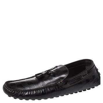 Pre Owned Louis Vuitton Brown Damier Embossed Leather Bow Tassel Loafer Size 44.5