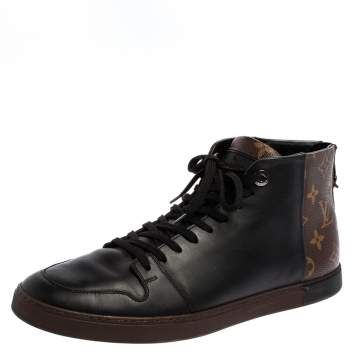 Pre Owned Louis Vuitton Black/Brown Leather and Monogram Canvas Line Up High Top Sneakers Size 41.5
