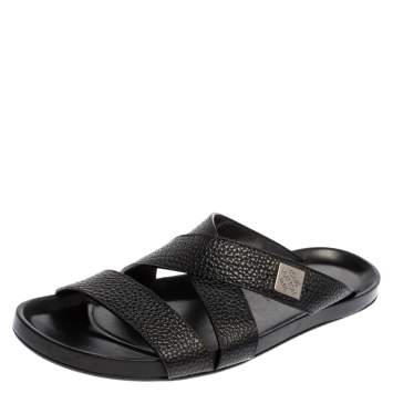 Pre Owned Louis Vuitton Black Leather Pioneer Cross Strap Flat Slide Sandals Size 43