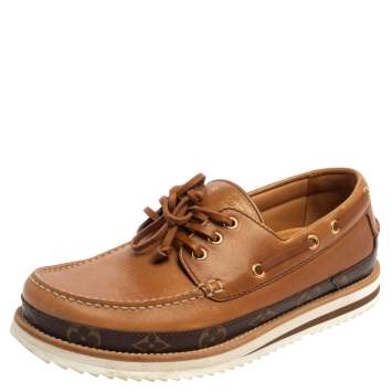 Pre Owned Louis Vuitton Brown Monogram Leather Summerland Boat Moccasins Size 40.5