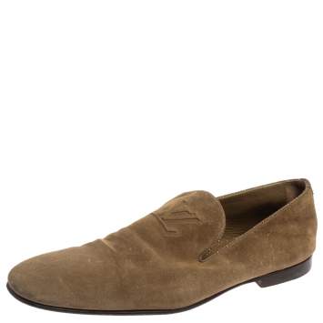 Pre Owned Louis Vuitton Olive Green Suede LV Logo Smoking Loafers Size 45