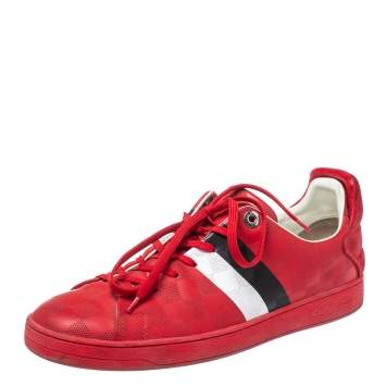 Pre Owned Louis Vuitton Red Suede And Leather Damier Infini Frontrow Sneakers Size 42