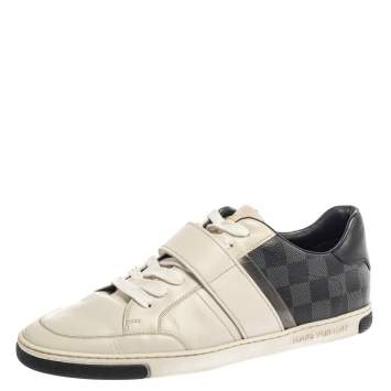 Pre Owned Louis Vuitton White Leather And Damier Graphite Canvas Low Top Sneakers Size 40