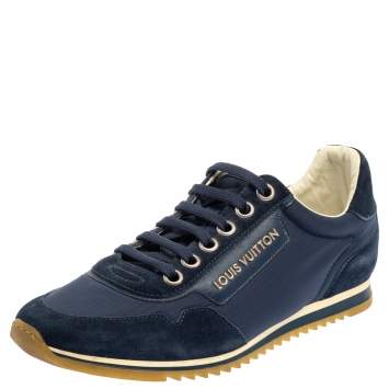 Pre Owned Louis Vuitton Blue Suede And Nylon Trainers Low Top Sneakers Size 39.5