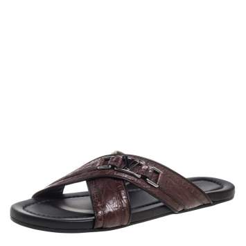Pre Owned Louis Vuitton Brown Croc Leather Criss Cross Slide Sandals Size 43.5