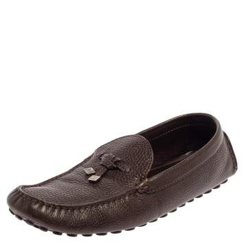 Pre Owned Louis Vuitton Brown Leather Logo Bow Slip On Loafers Size 44